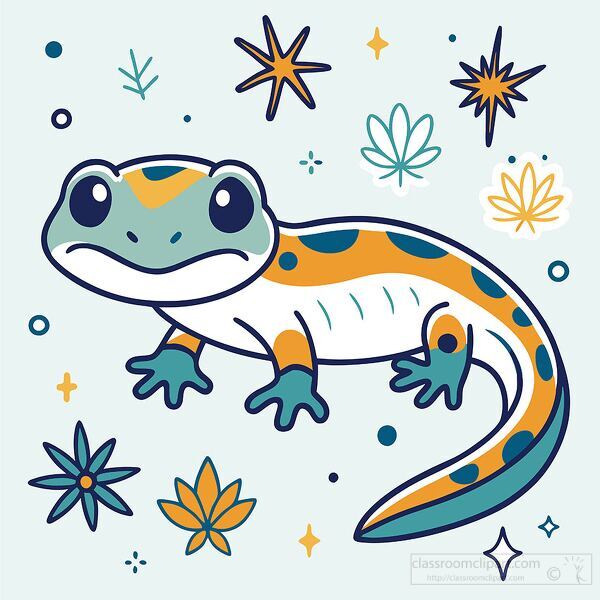 cartoon salamander with patterned spots looks cute and curious