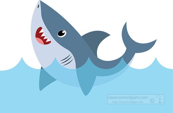 cartoon shark is swimming in the water mouth open.
