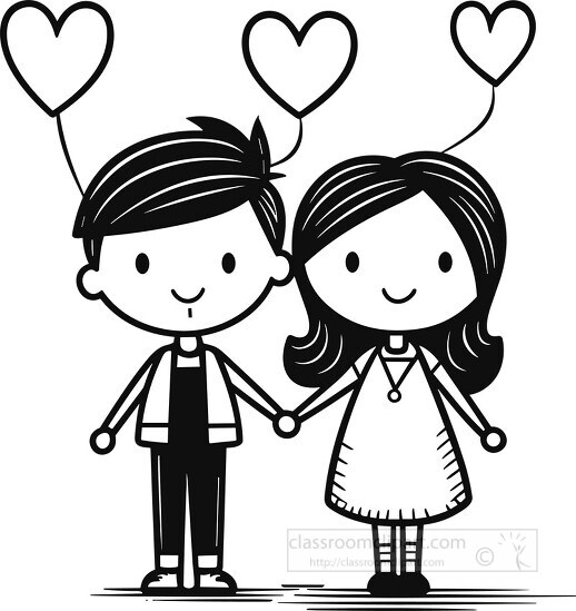 cartoon simple boy and girl in love black outline