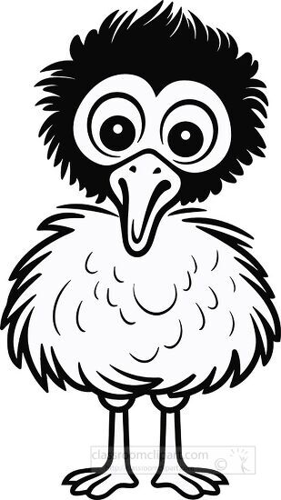 cartoon style big eyed ostrich black outline