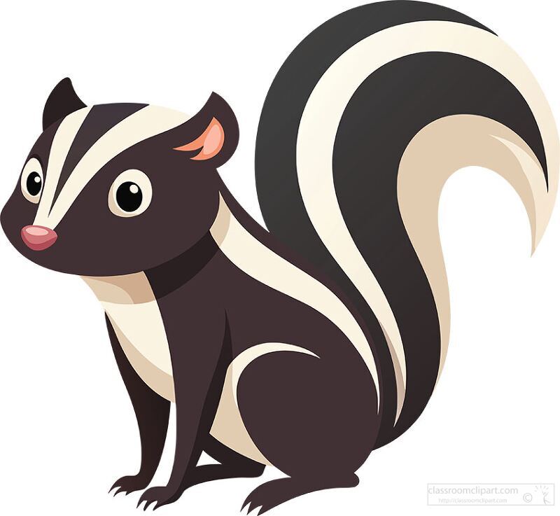 cartoon style black and white skunk with a fluffy tail