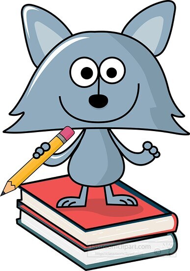 cartoon style cat holding pencil while standing on books clipart