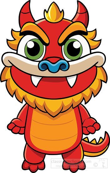 cartoon style chinese red dragon with bright green eyes