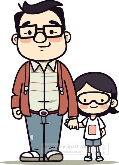 cartoon style dad and daughter holding hands