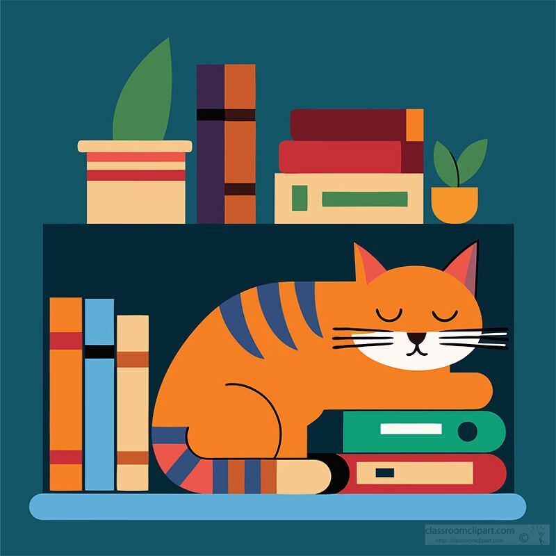 Cartoon style design featuring a serene cat and a vibrant stack 