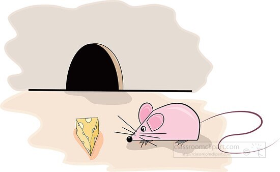 cartoon style mouse walking towards piece of cheese clip art
