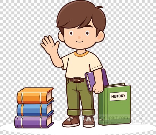 cartoon style of young boy stands next to books and waving with