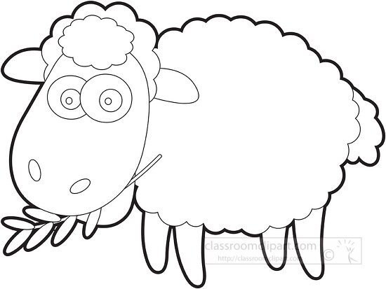 cartoon style sheep with a green twig in its mouth black outline