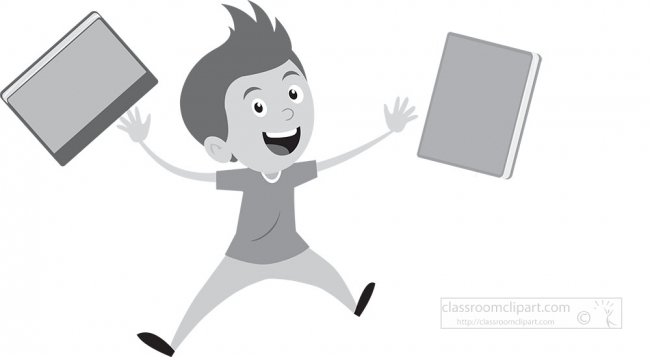 cartoon style student excited about new books gray color clipart
