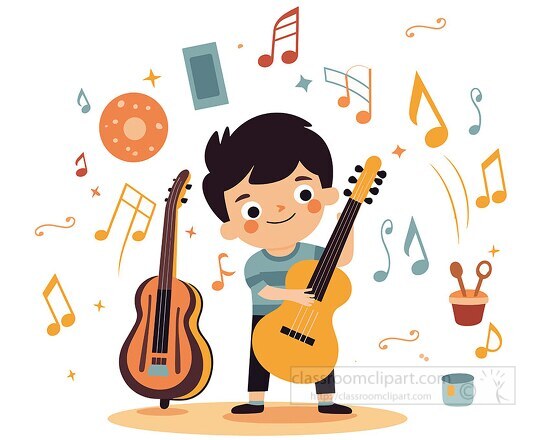 cartoon style young boy playing an acoustic guitar surrounded by