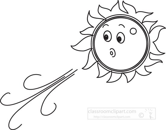 cartoon sun blowing hot air for heat wave clipart black outline