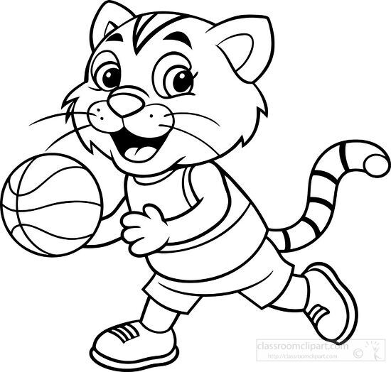 cartoon tiger running with a basketball black outline