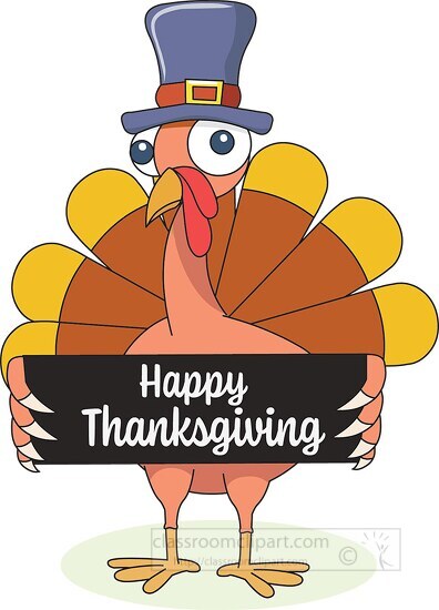 cartoon turkey holding happy thanksgiving sign clipart