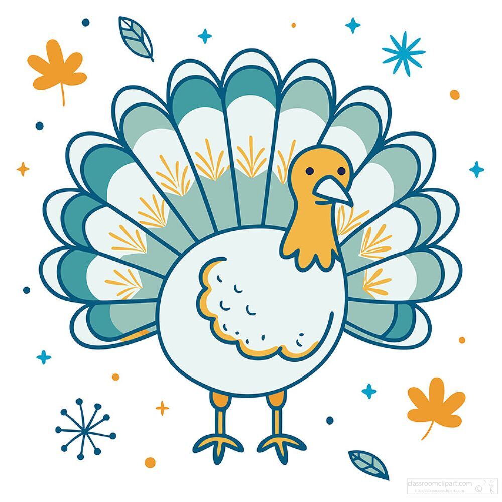 cartoon turkey with a colorful tail surrounded by autumn leaves