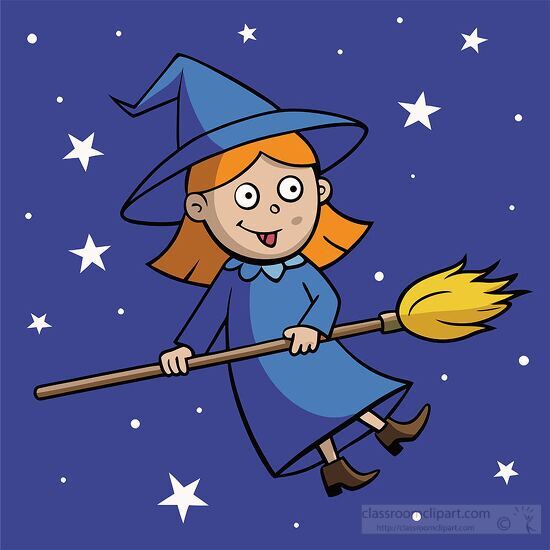 cartoon witch with big eyes and a pointy hat on a broom