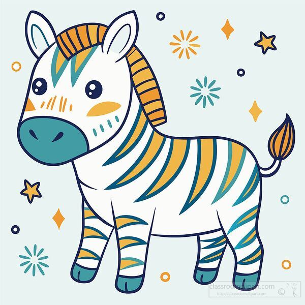 cartoon zebra has a friendly face and colorful stripes