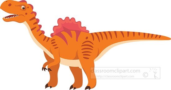cartoonish dinosaur with sharp teeth and a red back frill stands