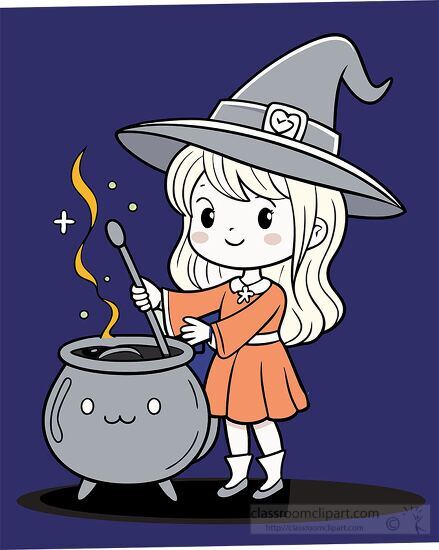 cat and witch stirs a bubbling cauldron clipart