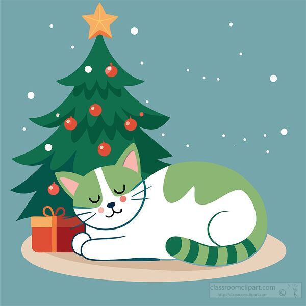 cat asleep beside a Christmas tree and wrapped presents under a