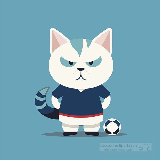 cat soccer player stands near a ball with a scowl look on its fa