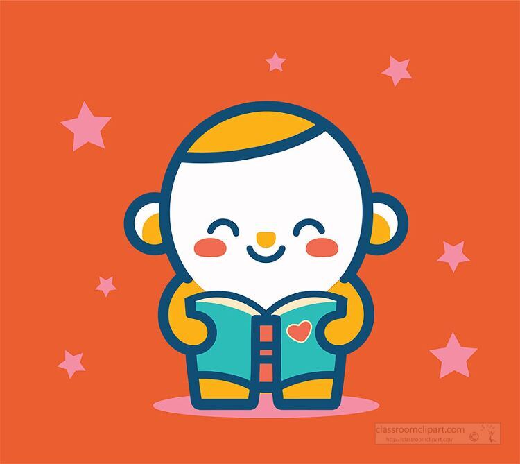 character holding in book orange background pink stars