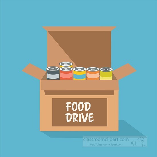 charity food drive with box overflowing with various colorful ca