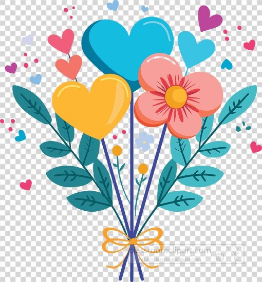 cheerful bouquet of flowers with heart balloons