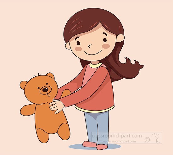 cheerful child playing with her soft cuddly teddy bear