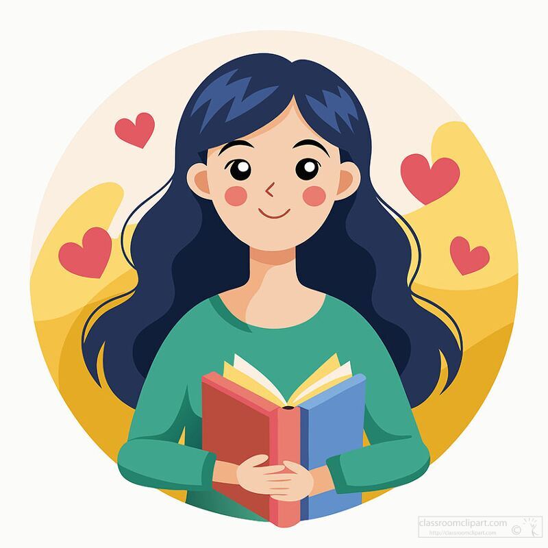 cheerful girl with flowing hair holding an open book surrounded 