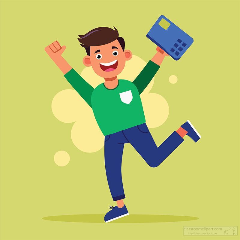 cheerful man raises his hand while holding a credit card