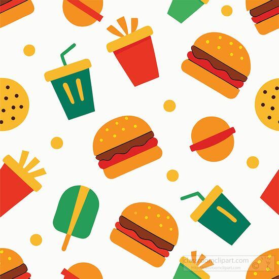 cheerful pattern with fast food items burgers fries and drinks