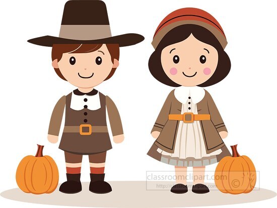 cheerful pilgrim children thanksgiving clipart
