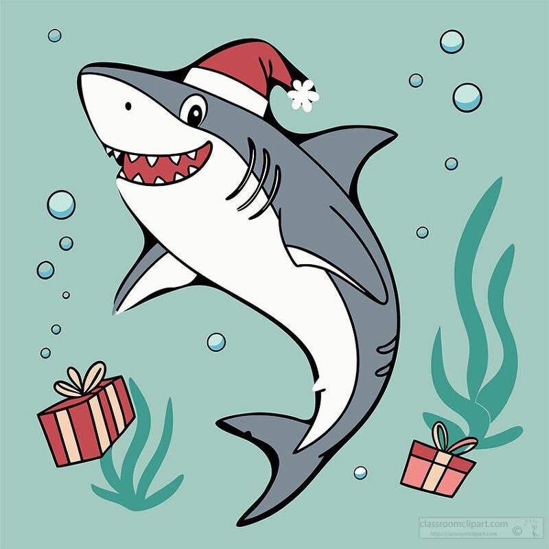 cheerful shark wearing a Santa hat swims underwater with bubbles