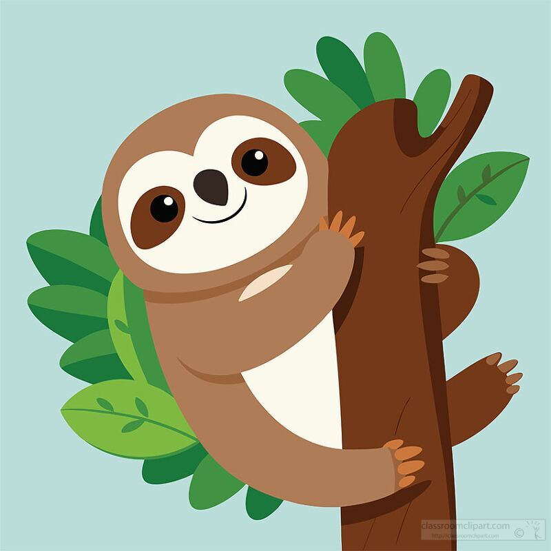 cheerful sloth holds onto a tree trunk with green leaves