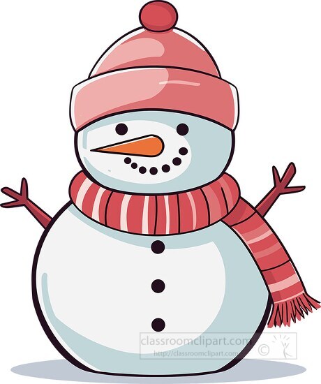 cheerful snowman wearing a pink hat and striped scarf