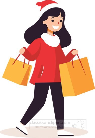cheerful woman in a Santa hat carrying shopping bags