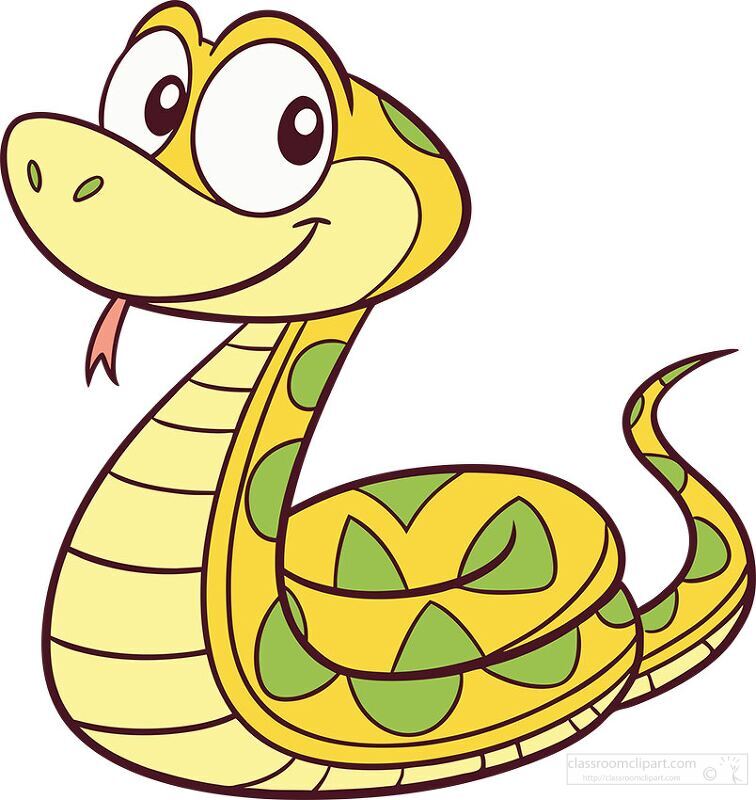 cheerful yellow snake with green markings and big cartoon eyes s