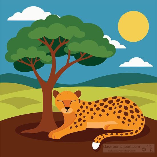 cheetah is seen relaxing under a tree with the bright sun overhe