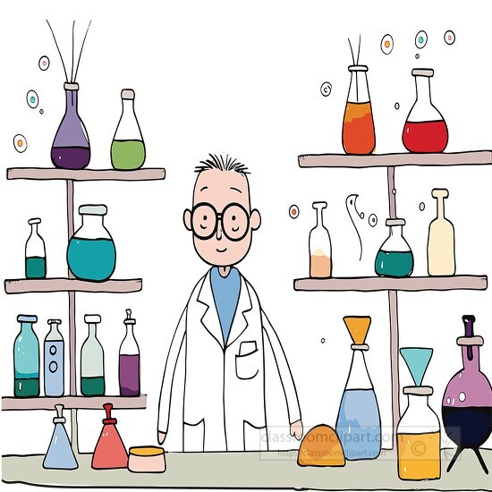 chemist standing in a lab surrounded by beakers and flasks fille