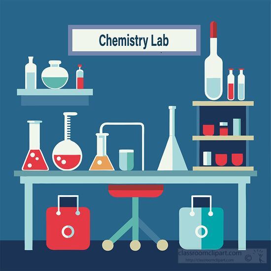 Chemistry Classroom Table with  Lab Glassware and Chemicals