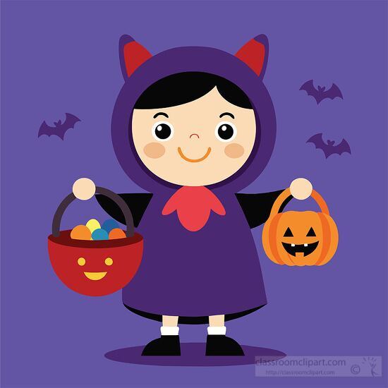 child dressed as a cute bat holds buckets filled with Halloween 