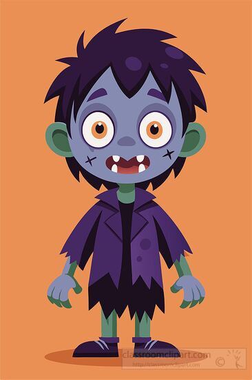 child in a vampire costume with a purple complexion wide orange eyes 