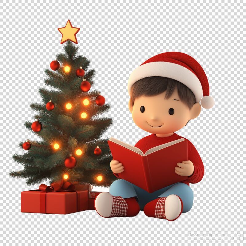 Child Reading a Book Near a Decorated Christmas Tree