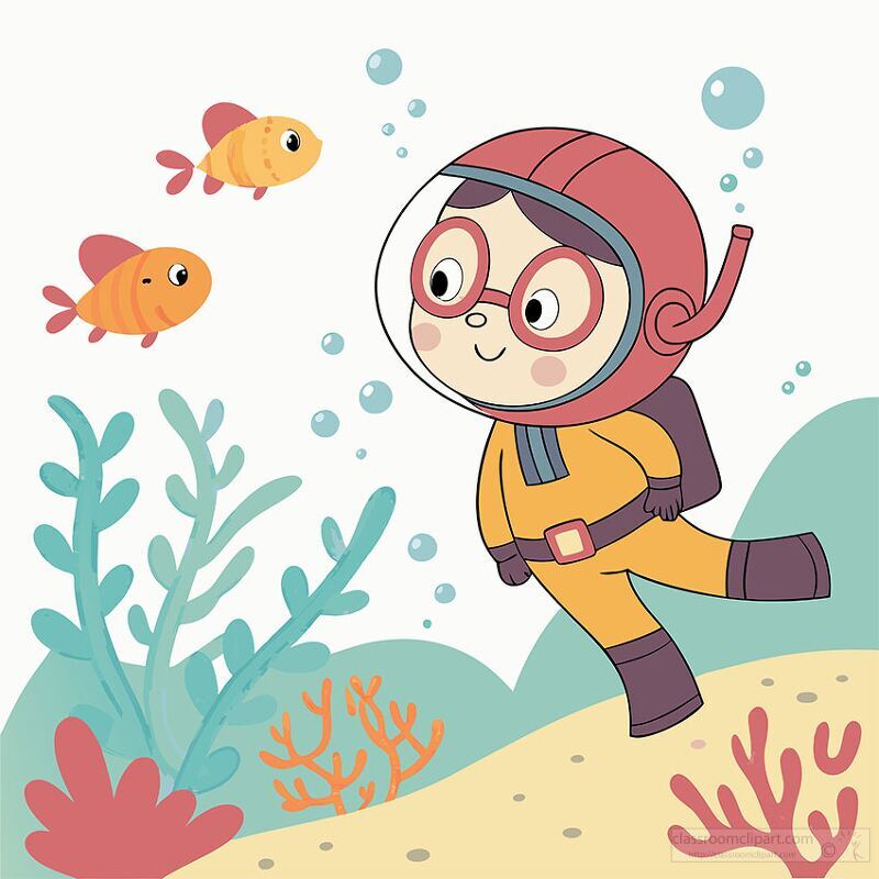 Child Scuba Diver with Tropical Fish Clipart