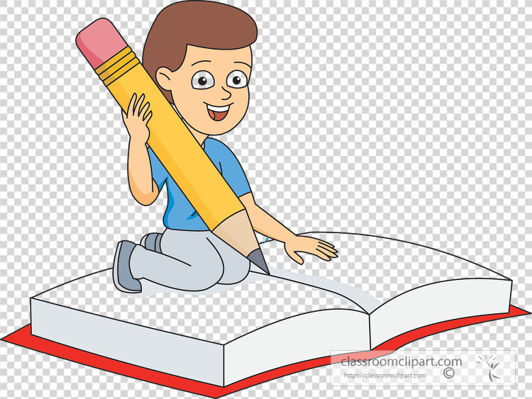 child sits on a large book holds a big pencil transparent