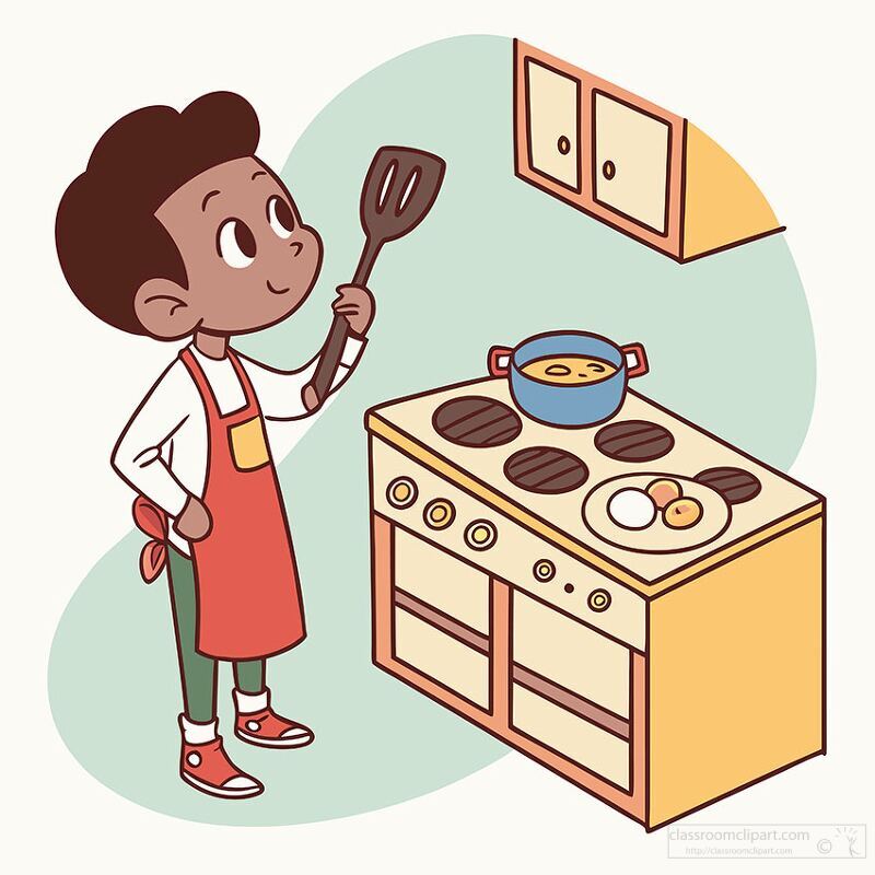 child wearing an apron and holding a spatula learnng to cook eggs on a stovetop in a kitchen clipart