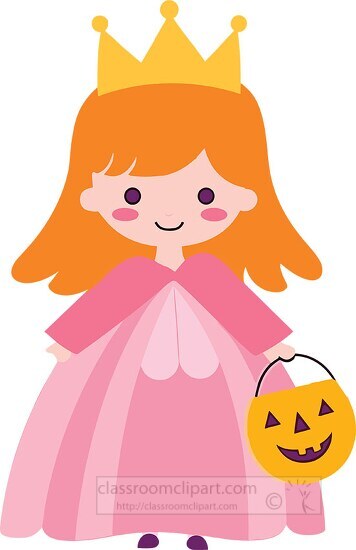 child wears holloween princess holds a pumpkin pail for trick or