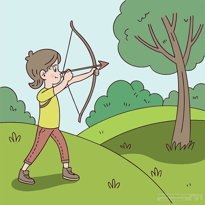 Child with brown hair using a bow and arrow for target practice clipart