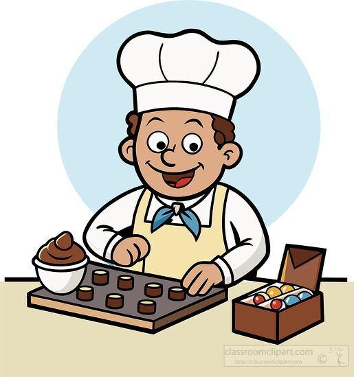 chocolatier in a white chef hat and apron making chocolates