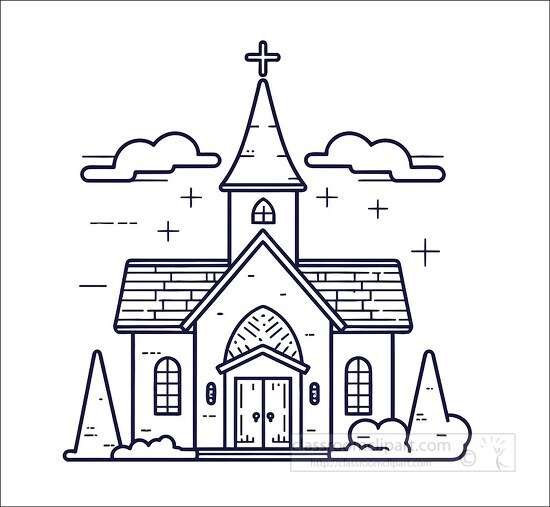 christian church with a steeple and a cross on the roof black ou